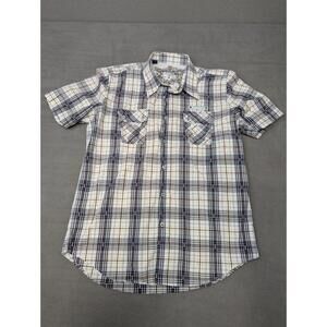 7 Diamonds Shirt Mens M Pearl Snap Short Sleeve Gray Plaid Pockets Western Retro